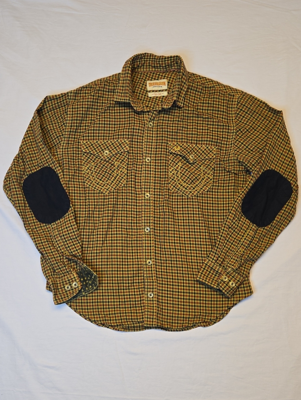 True Religion Yellow, Red & Black Plaid Button Down Casual Shirt Vintage Y2K